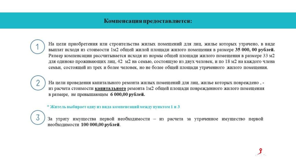 Выплата компенсации за утраченное имущество первой необходимости